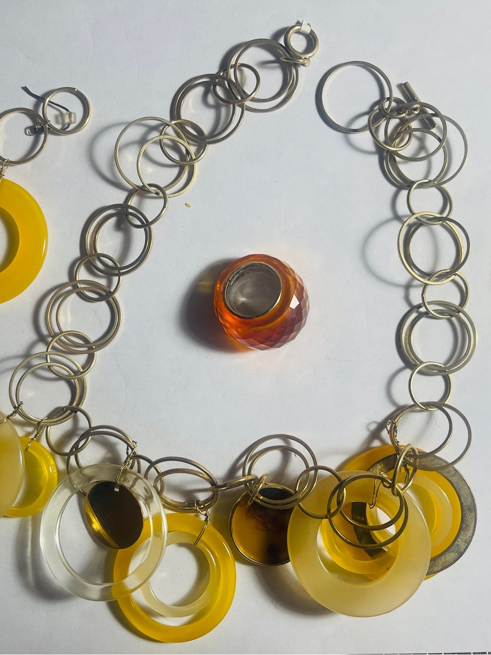 Yellow Resin Circle Pendant Necklace, earring, and ring with Gold-Tone Links